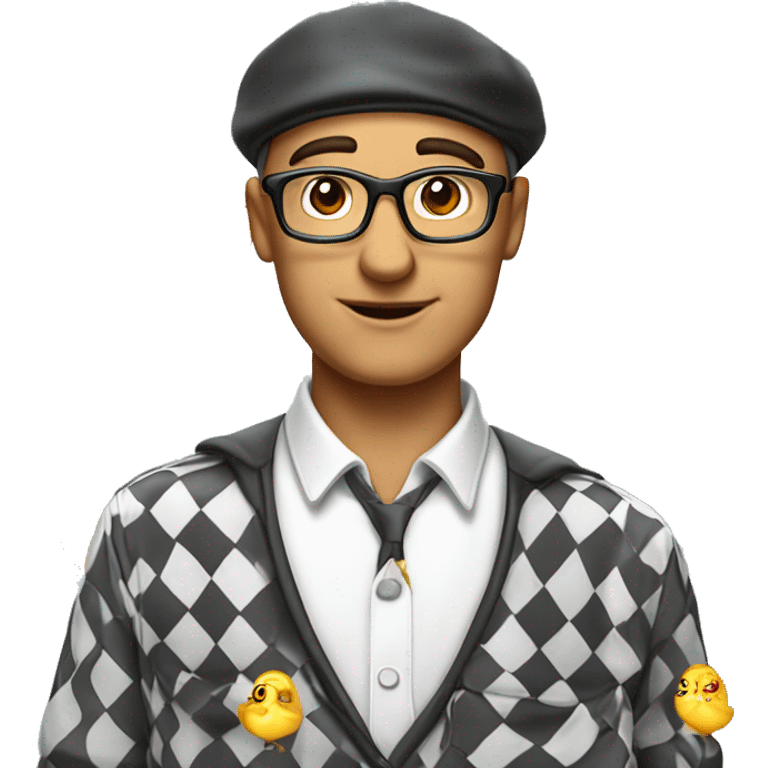 school teacher u rad from ussr in a checkered shirt and with a cap on his head and doves and eyes hair short black emoji