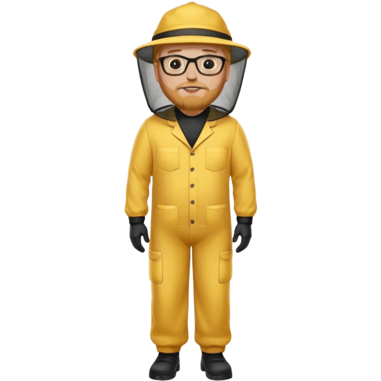 full body medium plus size male bee keeper in yellow and black with short light strawberry blonde hair and goatee wearing glasses with bee keeper hat emoji