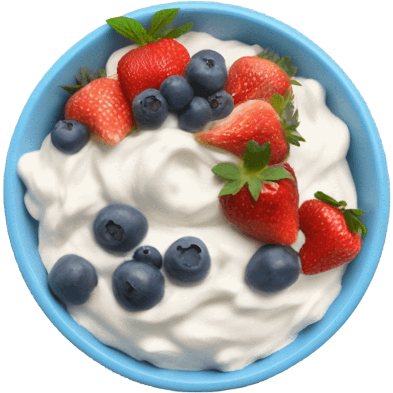 Bowl of fruit skyr topped with fruits Blue Berry, strawberry mangé emoji