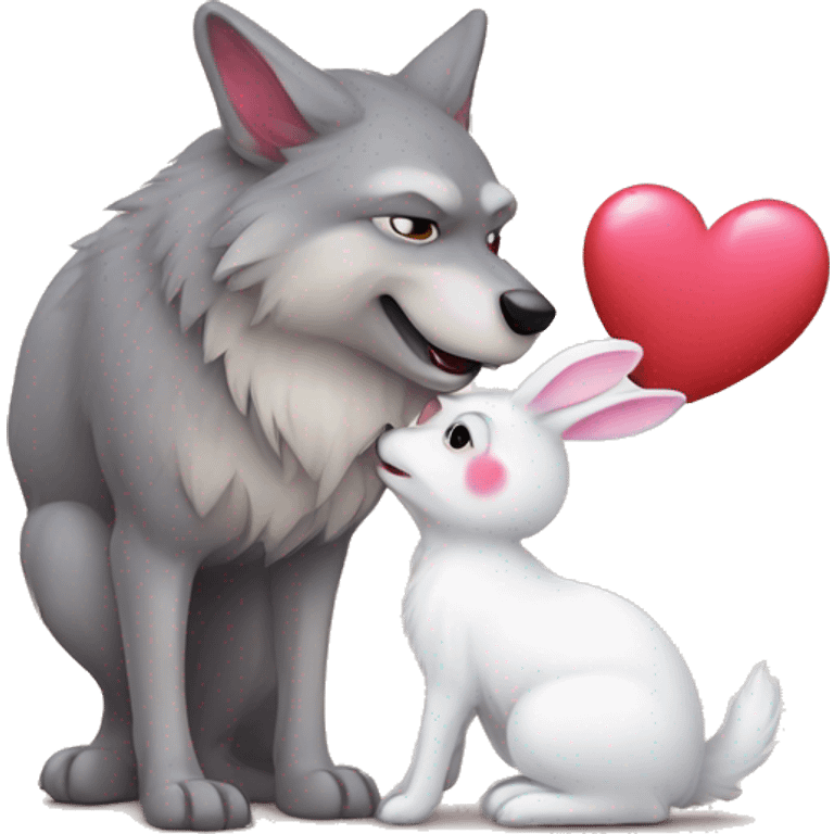 Old Wolf kiss a white Bunny who has pink ears, with big red heart between them  emoji