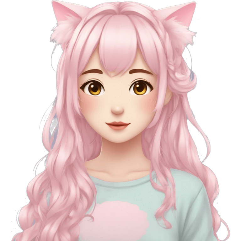 Gorgeous pastel anime girl with blushing face and hair garnitures and pretty hair and cat ears aesthetic trending style emoji