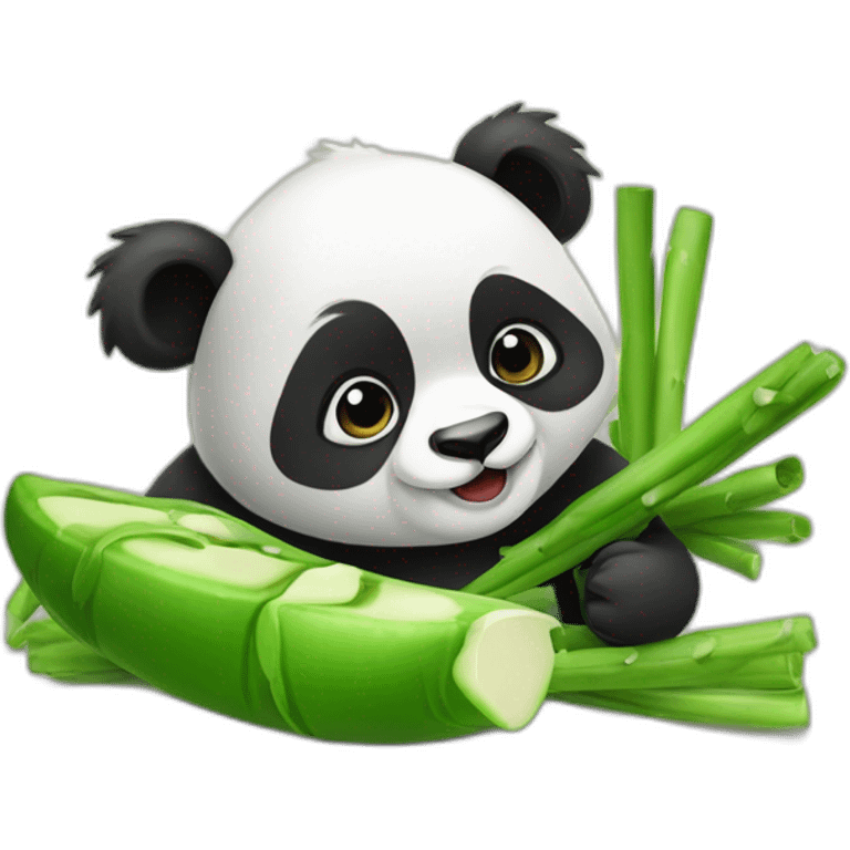 a panda is eating the green bamboon emoji