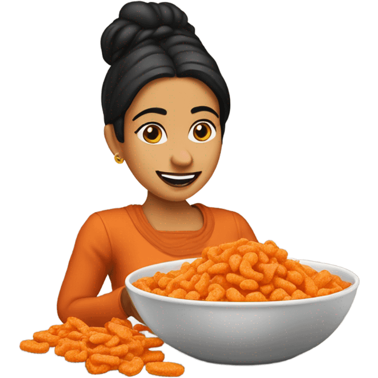 Mexican woman eating Cheetos and beans dip emoji