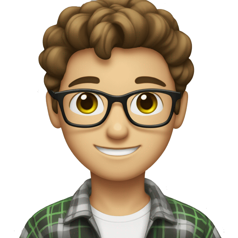 Draw a boy wearing glasses, a white t-shirt with a black and gray plaid shirt over it, he is smiling, he has white skin color, green eyes, and a nice hairstyle (dark brown hair). emoji