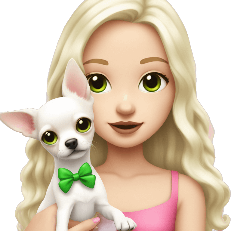 pale blond yt girl with wavy long platinum white hair with bright green eyes holding a white chihuahua puppy that wearing a pink bow emoji