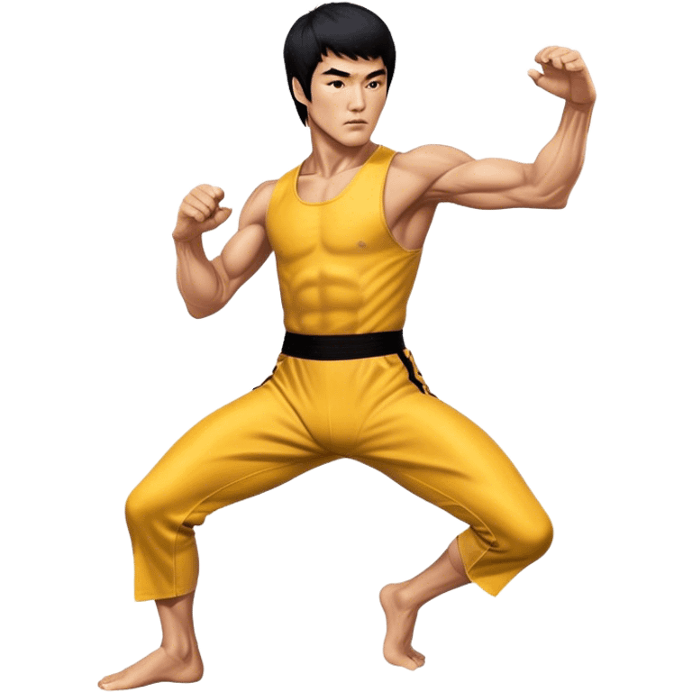 Cinematic Realistic portrait of Bruce Lee, shown as a legendary martial artist in a dynamic, powerful pose with modern athletic attire and finely detailed muscle definition, rendered in dramatic action lighting emoji