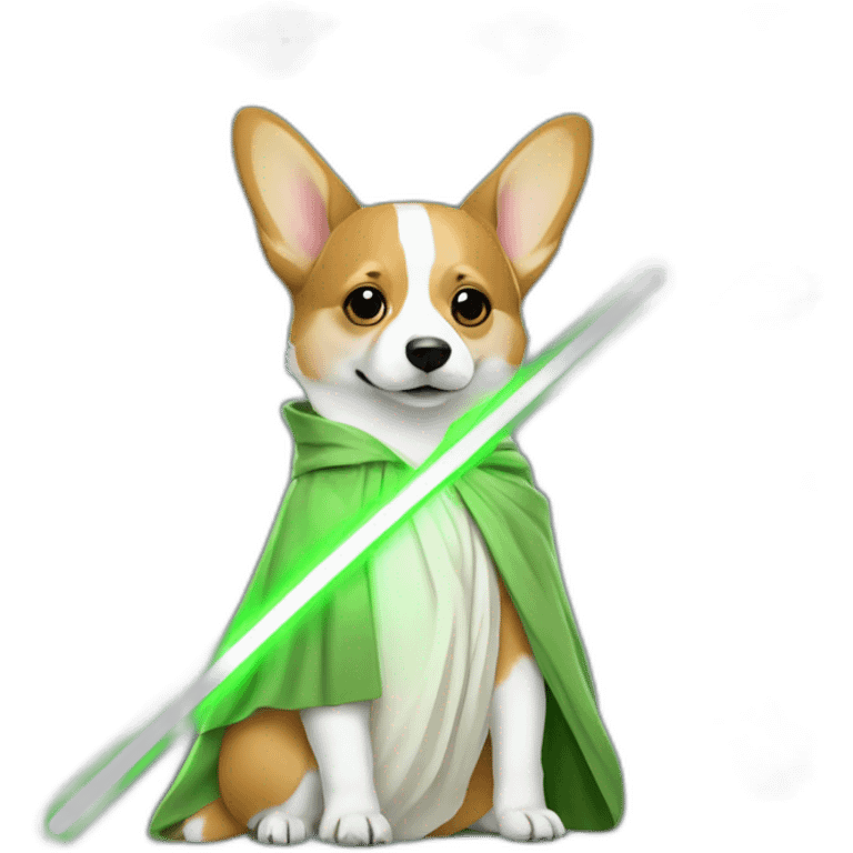 Corgi dress as yoda with one light saber green emoji