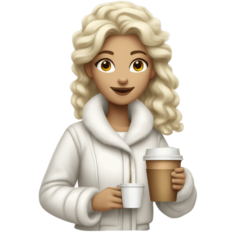 blonde girl wearing white fluffy jacket and a coffee to go in hand all dress white and a white bow on hair emoji