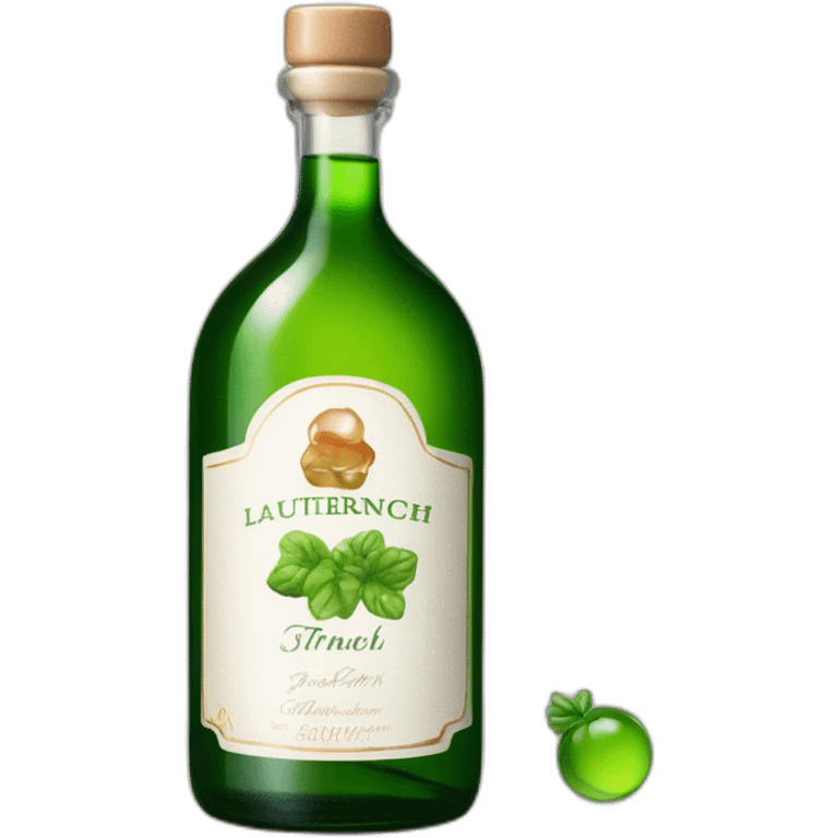 grüner schnaps in einer länglichen flasche mit einem bergdorf auf dem etikett und dem namen "lauterbacher tropfen" emoji