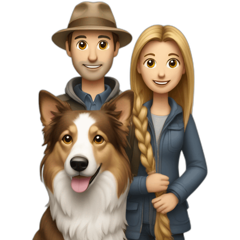 white family group consisting of man in hat and woman with long hair in ponytail and small birder collie dog emoji