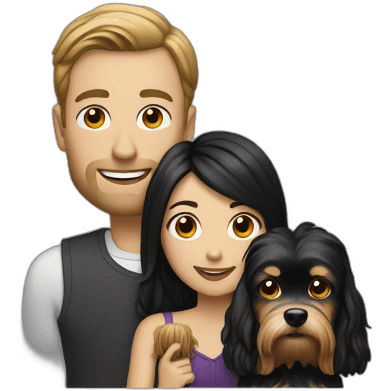 Hold Family with a White man and a White woman with long black hair and a small yorkshire terrier  dog emoji