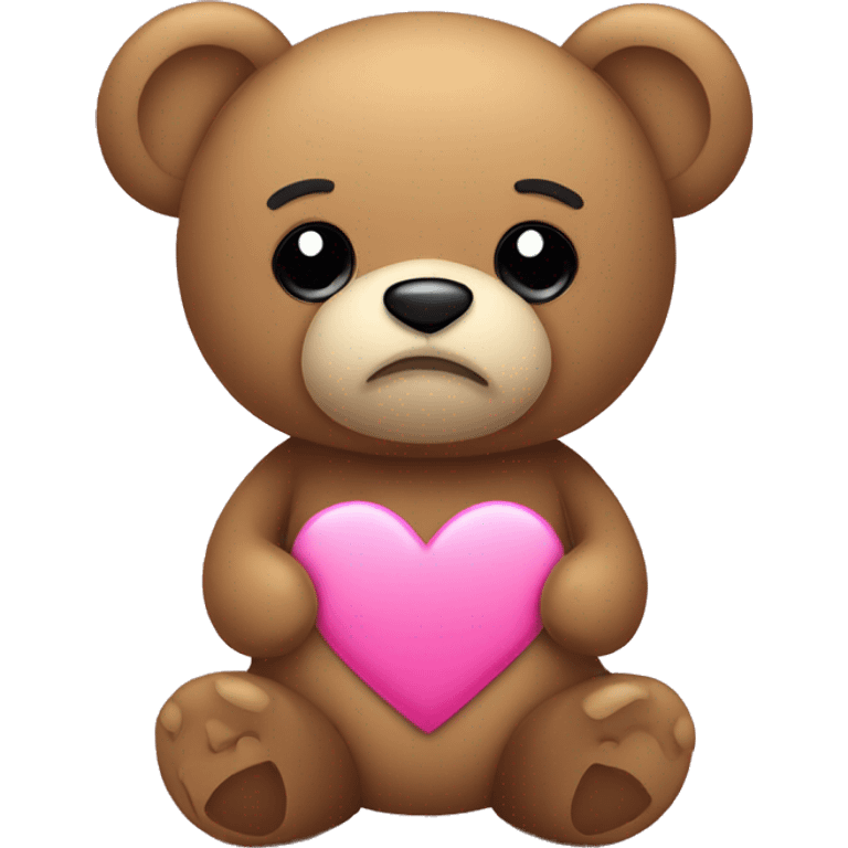 Teddy bear with sad eyes holding a pink heart emoji