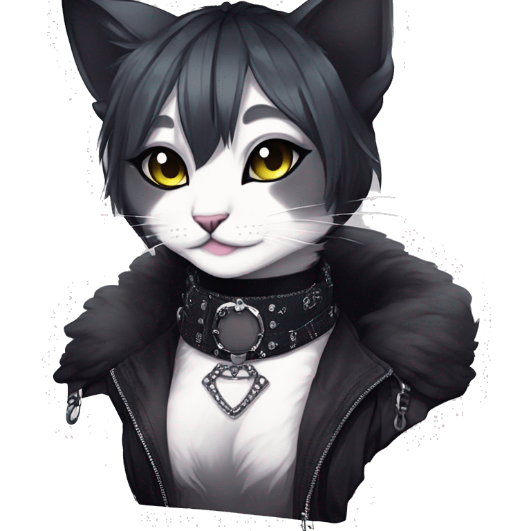 Gorgeous sparkly legendary gradient gothic dark techwear anime style anthro cat with blushing face aesthetic and pretty edgy black with collar and harness trending style emoji