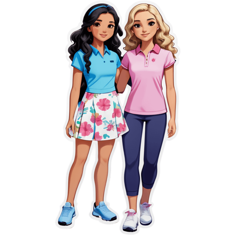 Three girls: one Chinese girl with golf clothes on, one Asian girl with workout pants and wavy mid lengthblack hair, and one American girl with long curly dirty blond hair and a floral dress on. All three are teens. They are all friends emoji