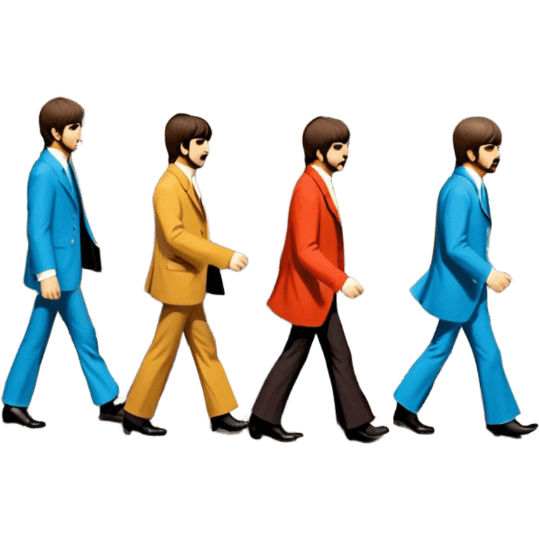 Cinematic Realistic The Beatles Abbey Road Scene Emoji, depicting the legendary band of four crossing the iconic zebra-striped street in their classic outfits, exuding effortless charisma and musical legacy. The scene is bathed in warm, nostalgic lighting with rich textures that capture the essence of 1960s rock history. emoji