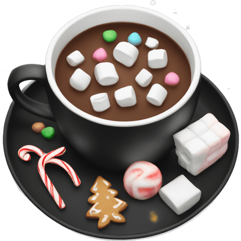 christmas black colour cup with hot chocolate and marshmallows with more Christmas details in the cup emoji