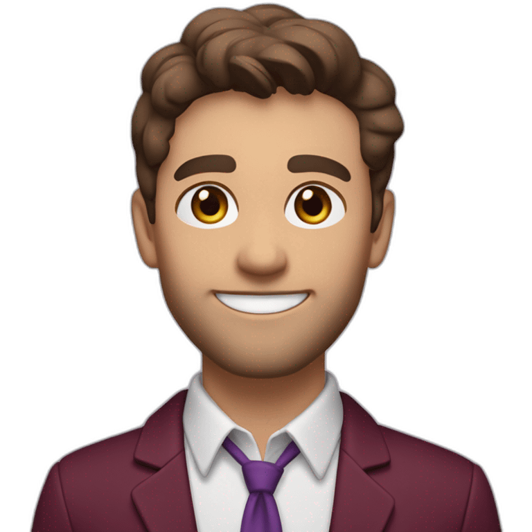 white young teacher, brown eyes and short brown hair with short brown beard. Smiling. Wearing burgundy blazer and collarless white shirt. Wearing a purple lanyard emoji