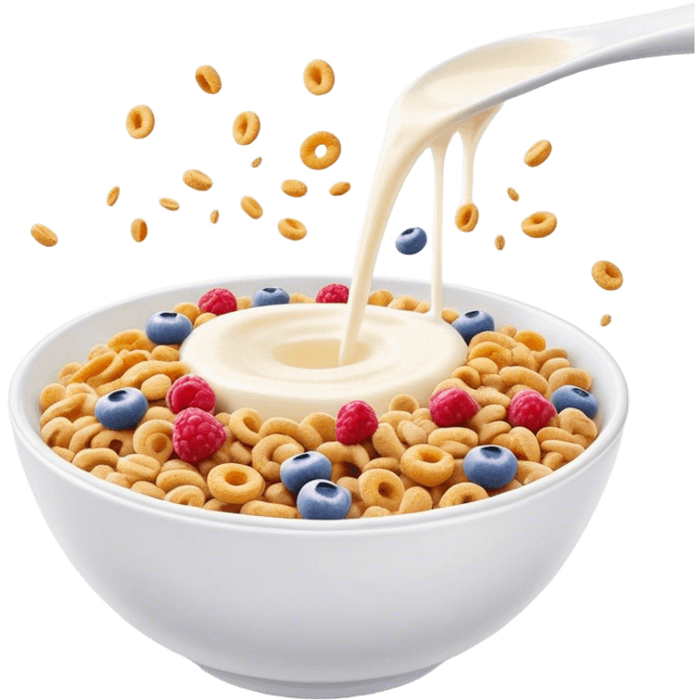 Cinematic crunchy cereal, vibrant and colorful, splashing into a bowl of cold milk, soft glowing background, dynamic movement, playful and inviting, nostalgic and fun. emoji