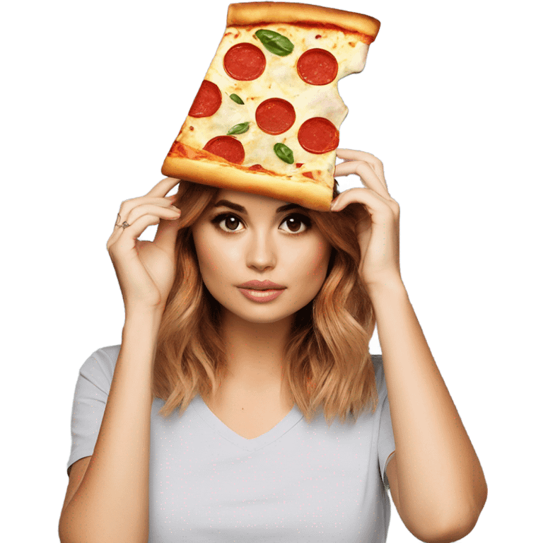 Debby ryan with a pizza on head emoji