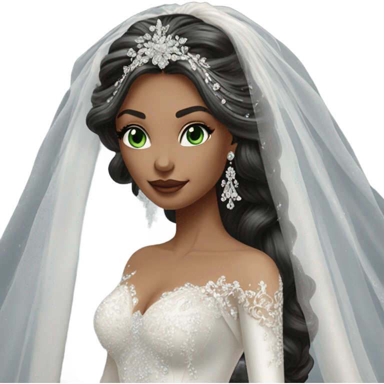 Hyper Realistic ornate ballgown long sleeve Wedding dress with diamanté on Russian bride with light skin and green eyes and long black hair with veil hyper realistic  emoji