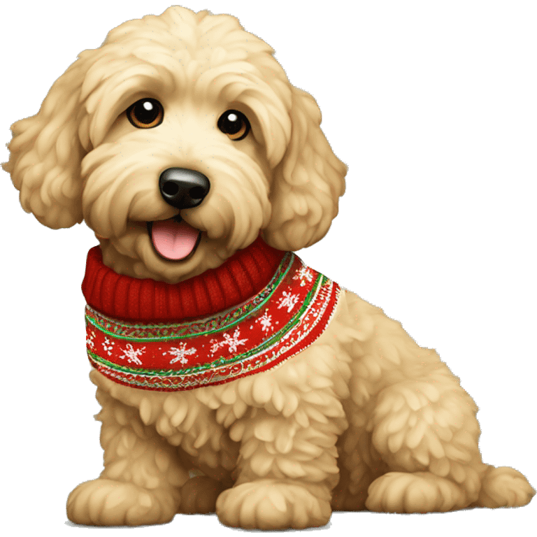 Black Mini Golden Doodle with a Christmas sweater emoji