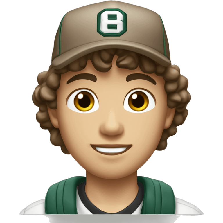 Teenager boy type mexican, White skin, with baseball cap backwards, with wavy brown hair (Which go down behind to the nape of the neck), Little bit dezoom emoji