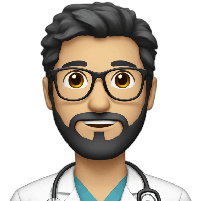 doctor with dark long brown hair and beard, big black eyes, clear glasses emoji