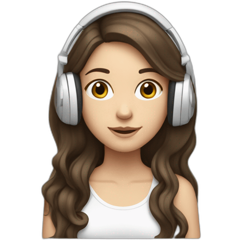 brunette white girl with long hair listening to music with her phone in her hand with white small headphones  emoji