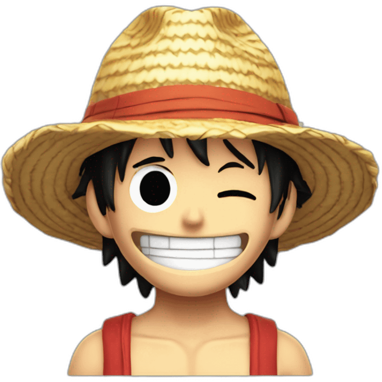 Luffy with his straw hat and his scar at the bottom of the right eye smiling with closed eyes emoji