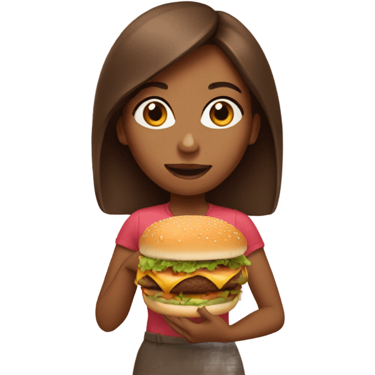 Brown girl with brown hair eating burger emoji