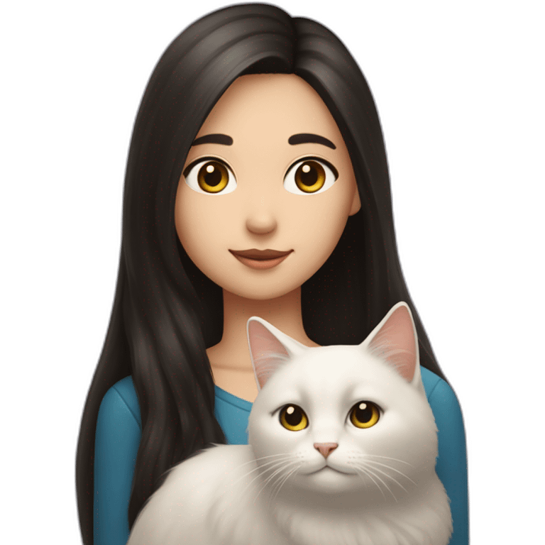 A girl with long dark hair and a white fluffy cat on her right shoulder emoji