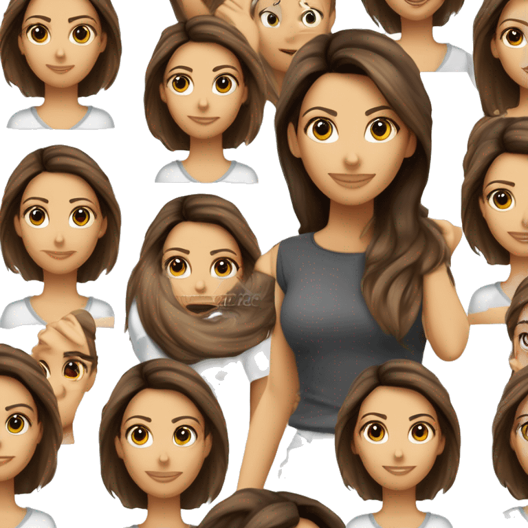 visage 3/4, contrasté, ombre, lumière, expression eva longoria, debout de loin, nez fin, femme brune, yeux noisette, longs cils, cheveux foncés dégradés épaule, t-shirt blanc, jean, baskets blanches emoji