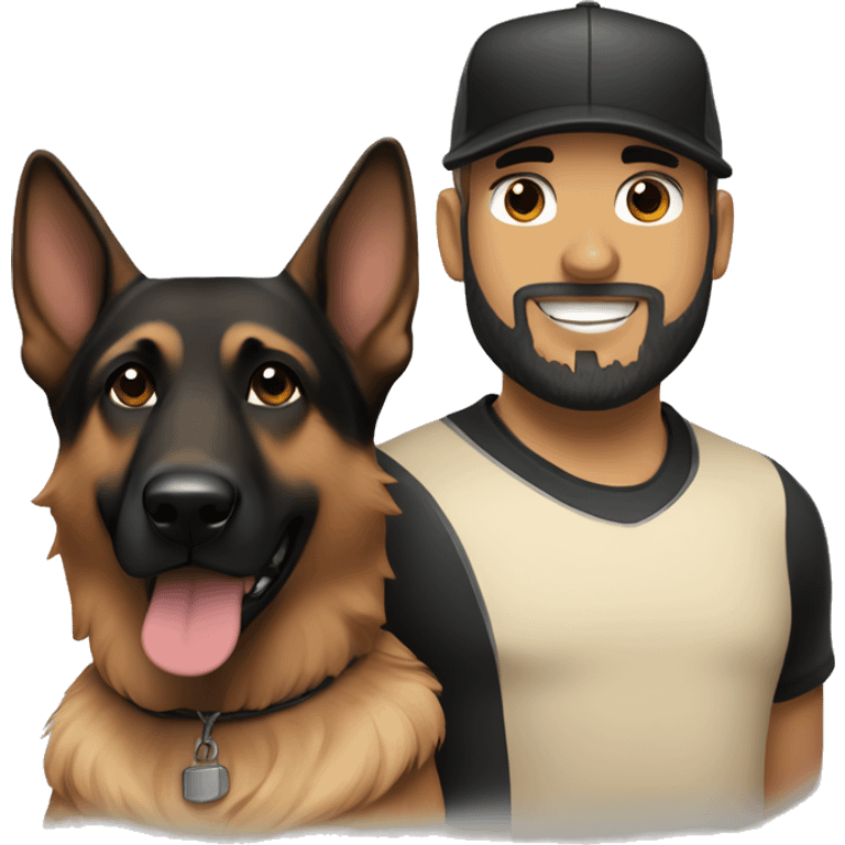 white male with a black beard and a baseball hat alongside a black and brown german shepherd  emoji