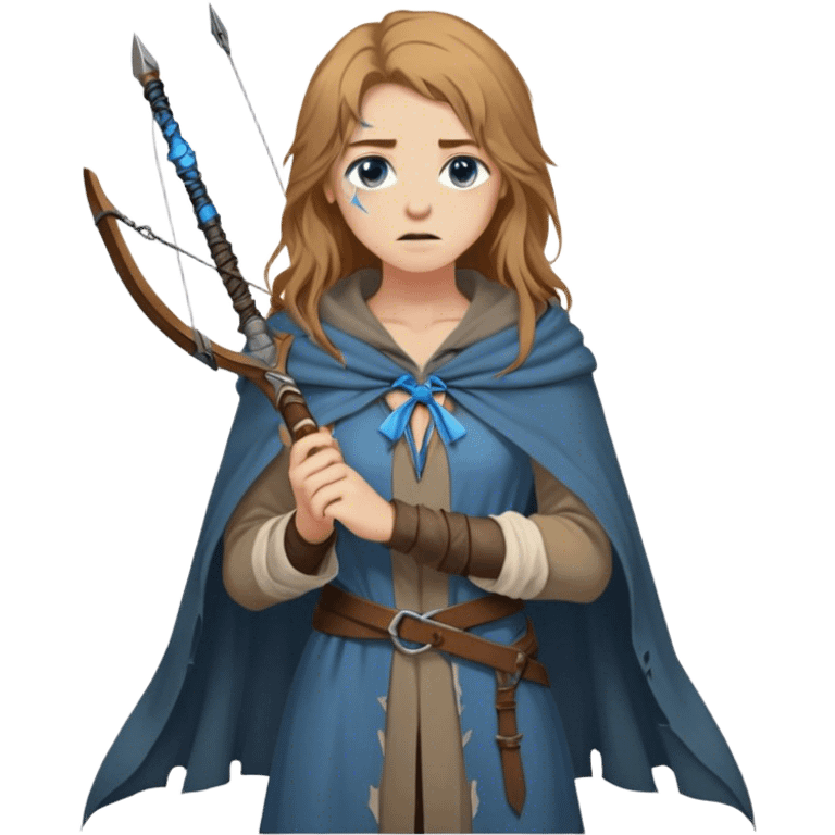 A young human woman with long, unkempt golden-brown hair, piercing blue-gray eyes filled with quiet determination. Dressed in a worn tunic and a tattered cloak, her calloused hands grip a bow, a hunter surviving against the odds. emoji