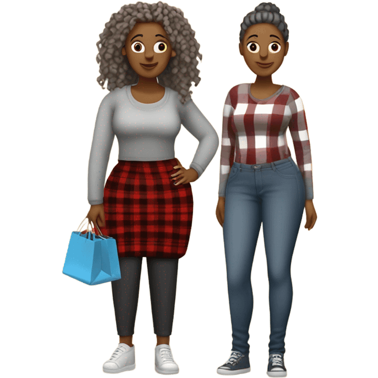 One Curvy woman gray locs in pants with shopping bag.  The other curvy woman is brown with red locs in a skirt with plaid sweater shopping at yard sale emoji