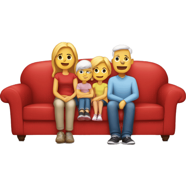 white family sit on a red sofa emoji