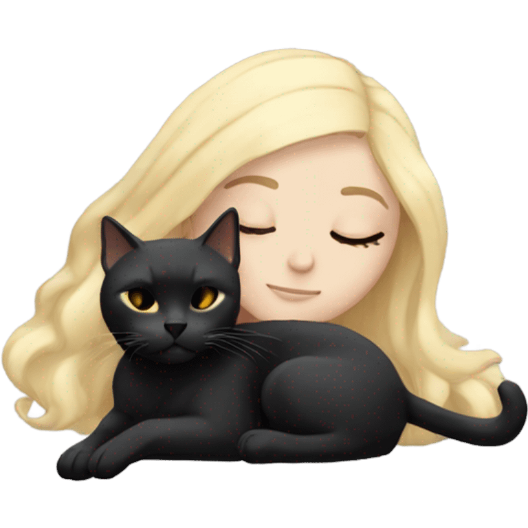 White girl blonde hair sleeping with black cat with white markings emoji