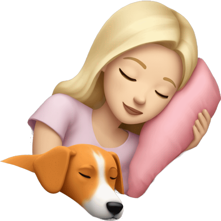 White blonde girl who sleeping peacefully with his orange dog in a bed with a white pillow and a pink blanket emoji