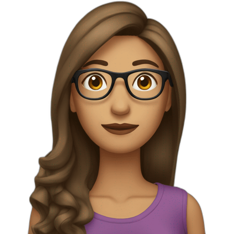 Mujer cabello castaño largo, piel pálida con lentes emoji