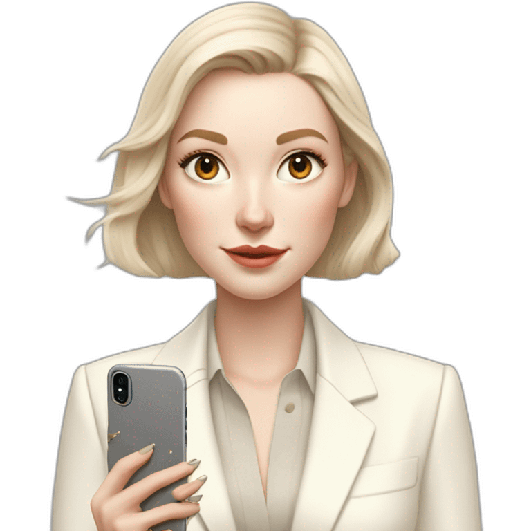 pale skin woman with ash blonde Straightened bob Hair, White Spacious classical jacket, beige palazzo Arrow pants and gray blouse holding white IPhone 15 pro in the hands emoji