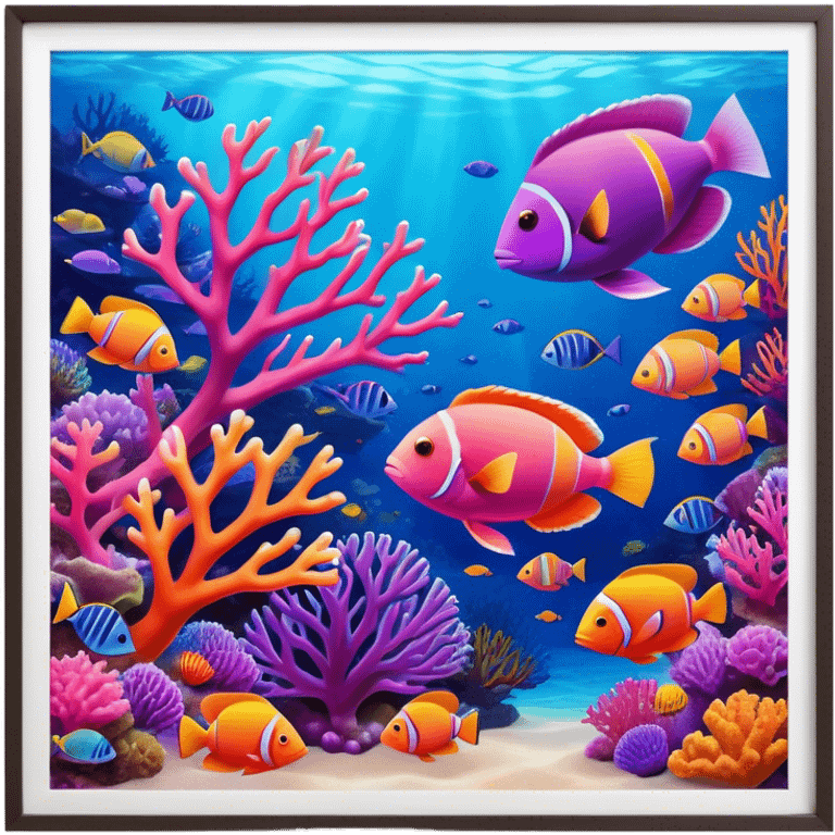 Cinematic Realistic Coral Reef Emoji in a wooden frame, Vibrant and alive, with colorful corals in hues of pink, purple, and orange, swaying gently with the underwater currents. Schools of tropical fish dart between the coral, with soft rays of sunlight piercing through the clear blue water above, creating a magical, serene underwater world. Soft glowing outline, capturing the essence of the bustling, colorful, and peaceful aquatic paradise. emoji