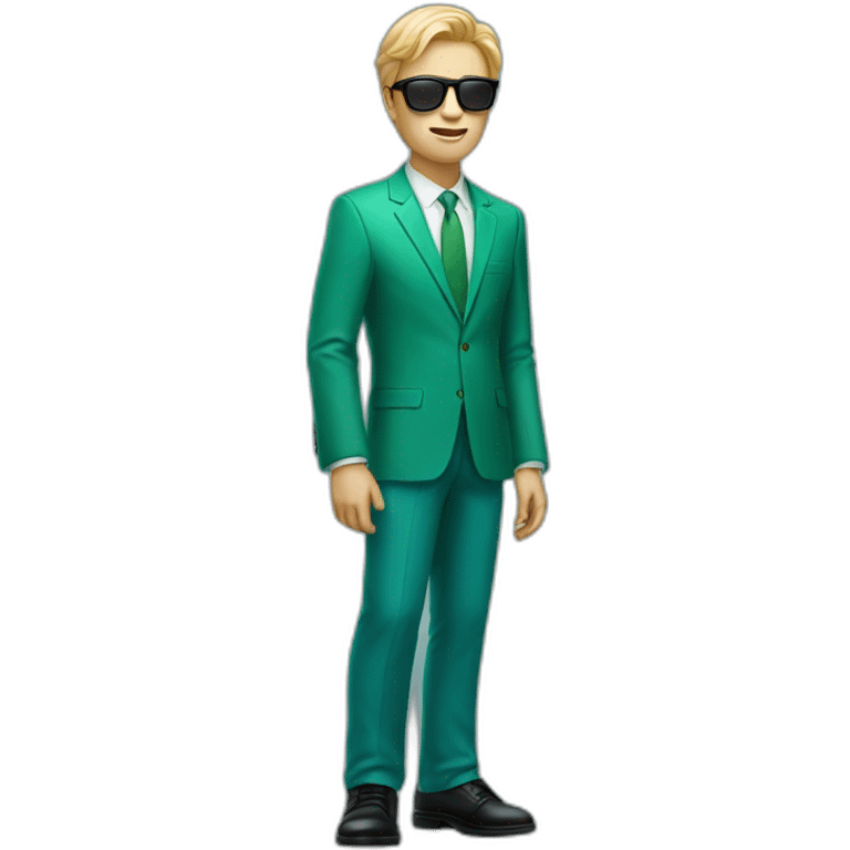 white guy in gradient green blue suit with blonde hair and black sunglasses standing with black shoes emoji