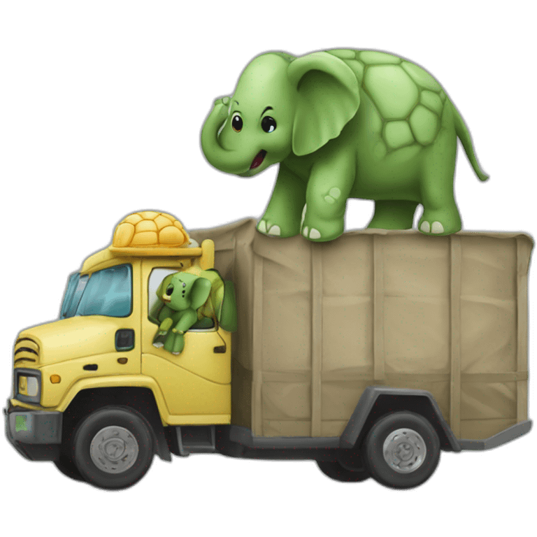 Tortue sur elephant sur camion emoji