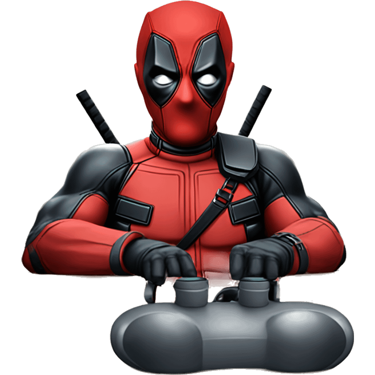 Deadpool holding xbox controller sitting at a desk, front view emoji