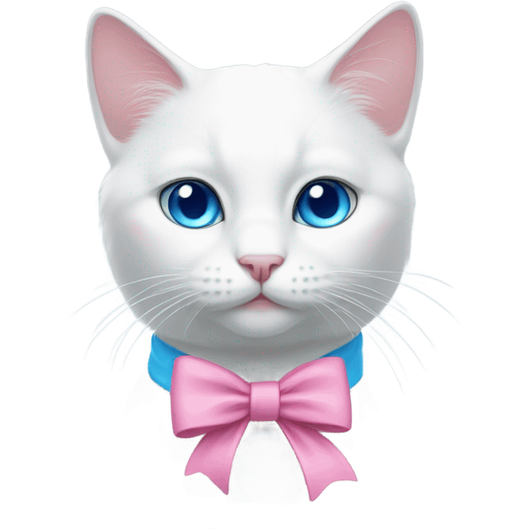 white cat with blue eyes, and a pink bow emoji