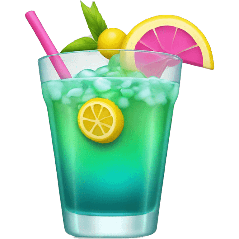 Bluish green cocktail with pink and yellow emoji