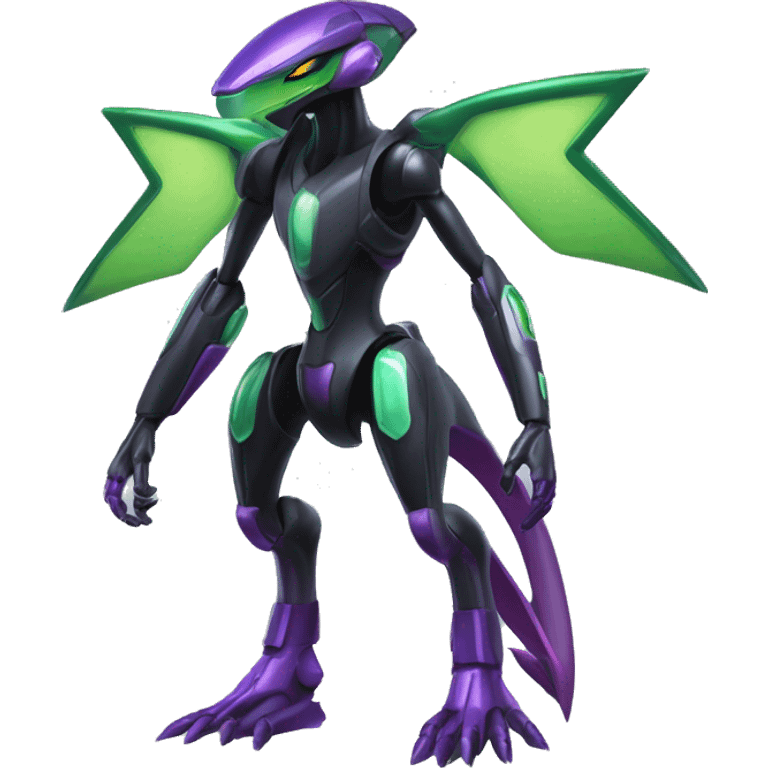 a shiny black-green-purple Genesect-Flygon-Raptor-Fakémon-Medabot-hybrid with a futuristic visor-helmet full body emoji