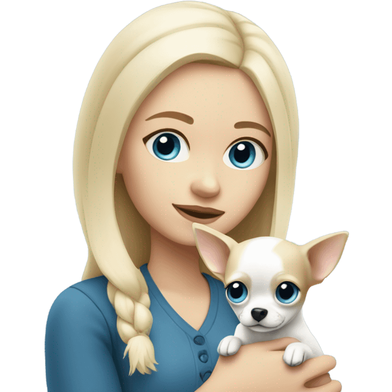 White blonde girl with blue eyes holding white chihuahua  emoji