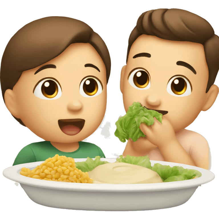 Baby eat his side dish with mom and dad  emoji