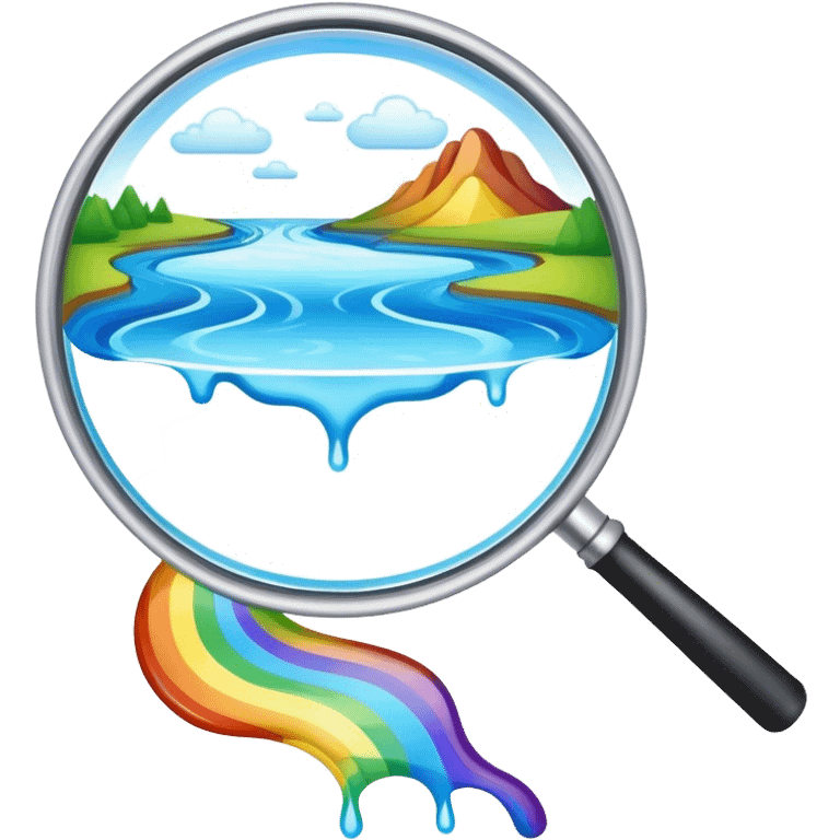 a magnifying glass with a rainbow colored river flowing through it emoji